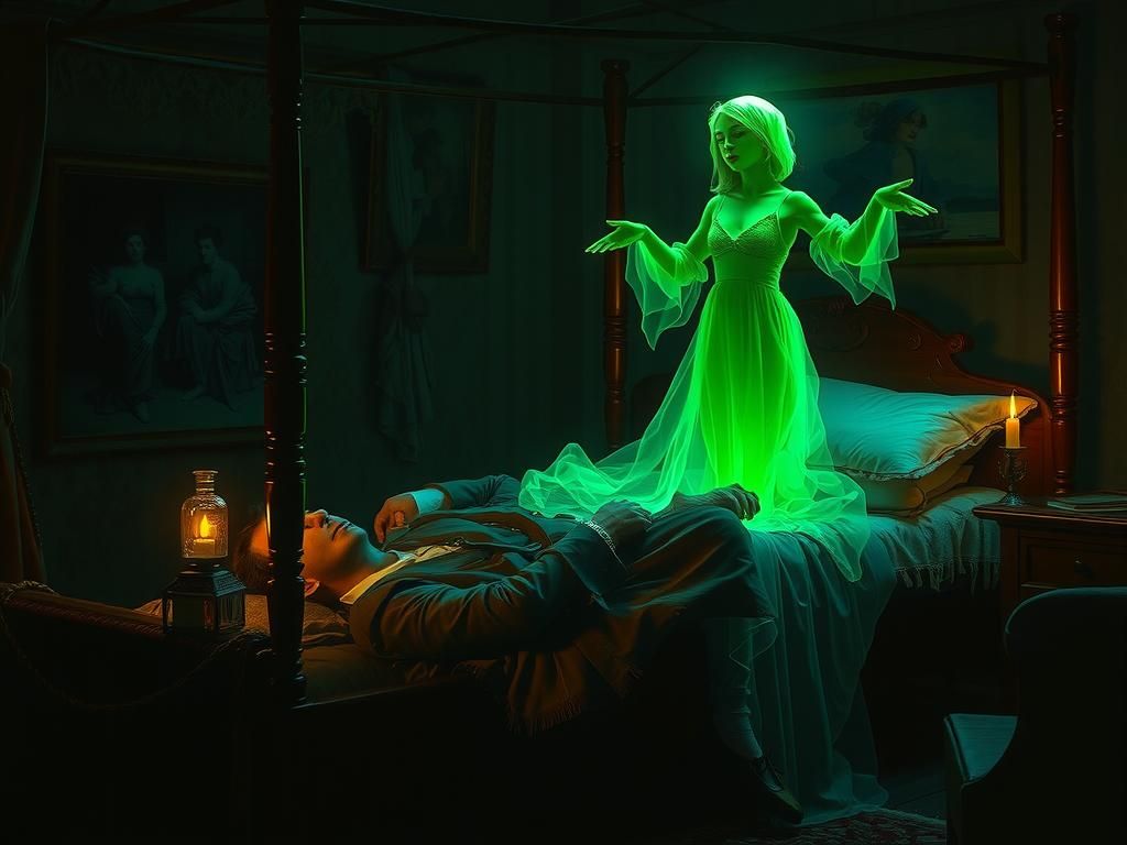 Eerie Spectral Lady in Abandoned Manor Bedroom