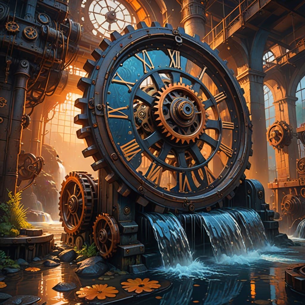 Waterfall Flows Through Clock Factory: Oil Painting