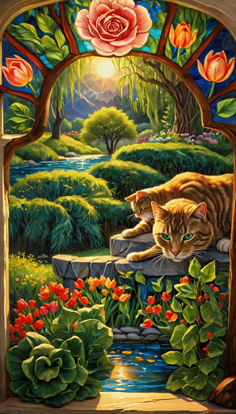 Cats in Window: Photorealistic Oil Painting