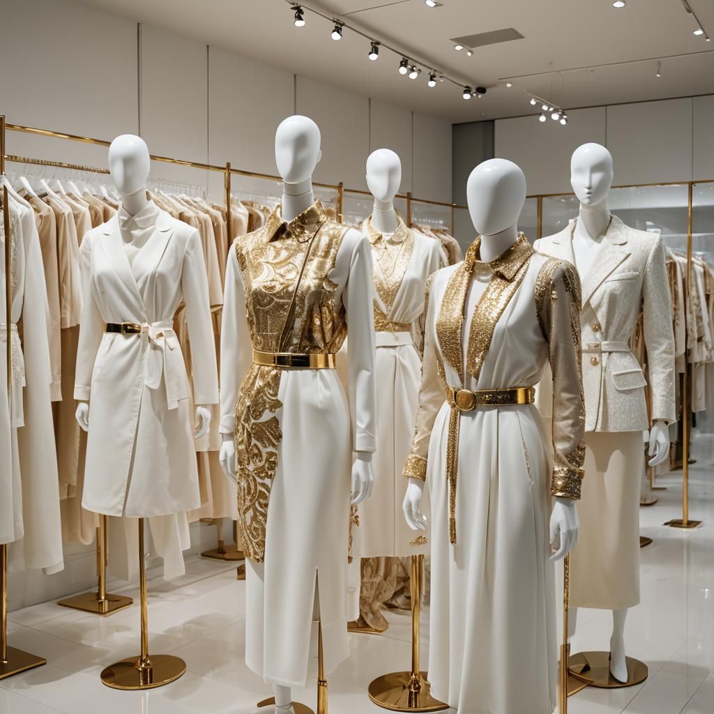 Luxury Fashion Showroom with Modern Clothing and Gold Access...