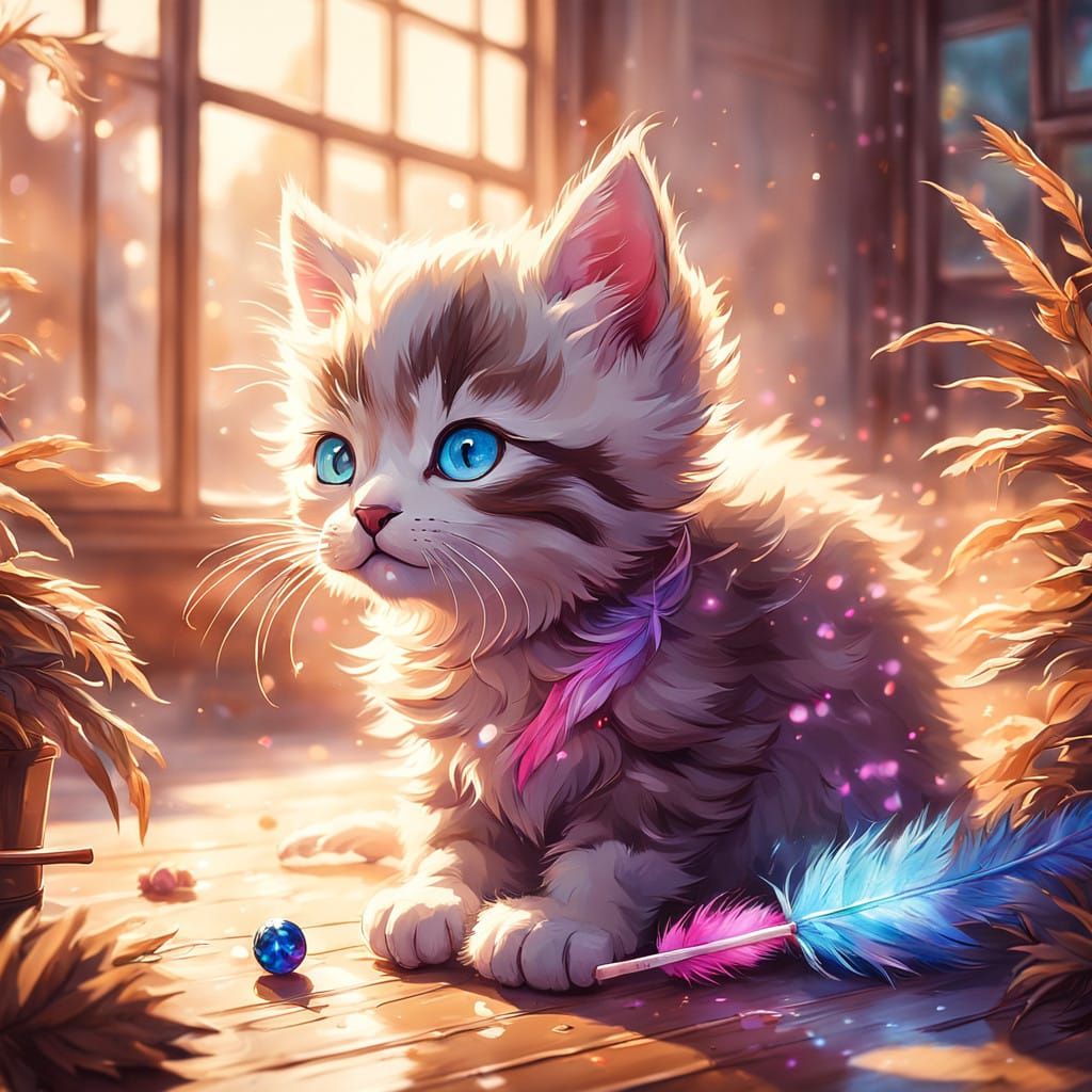 Joyful Kitten Plays with Vibrant Feather Wand in Golden Glow
