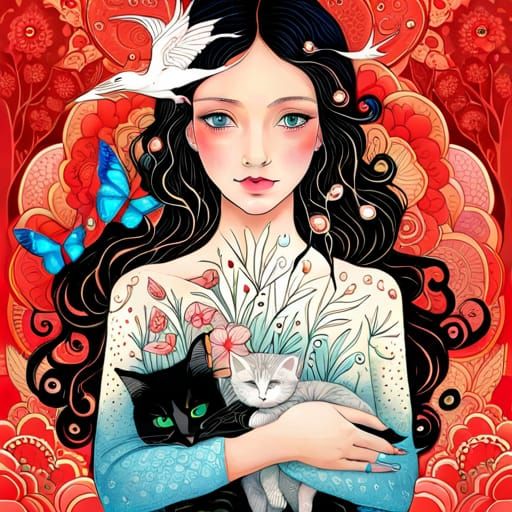 Girl with Animals: Fairytale Vector Line Art