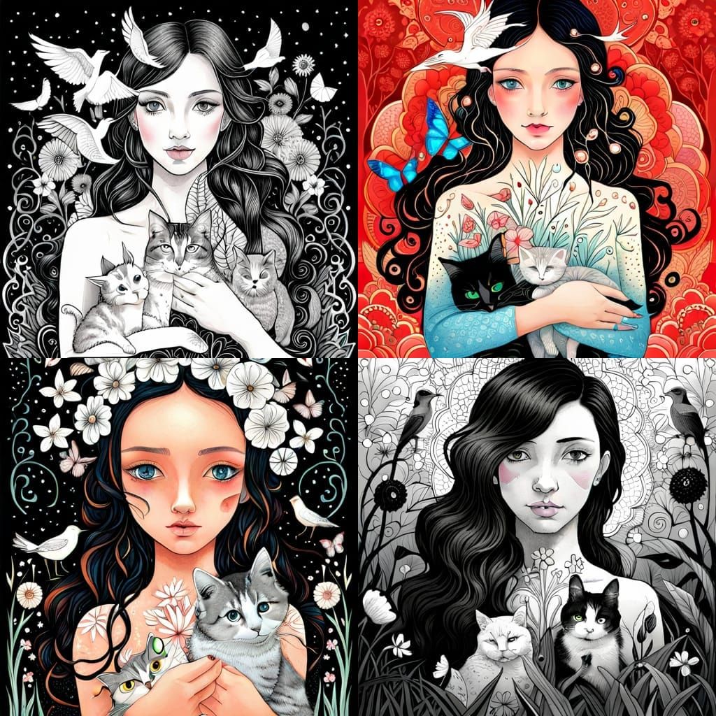 Monochrome Fairytale: Girl with Animals in Vector Art