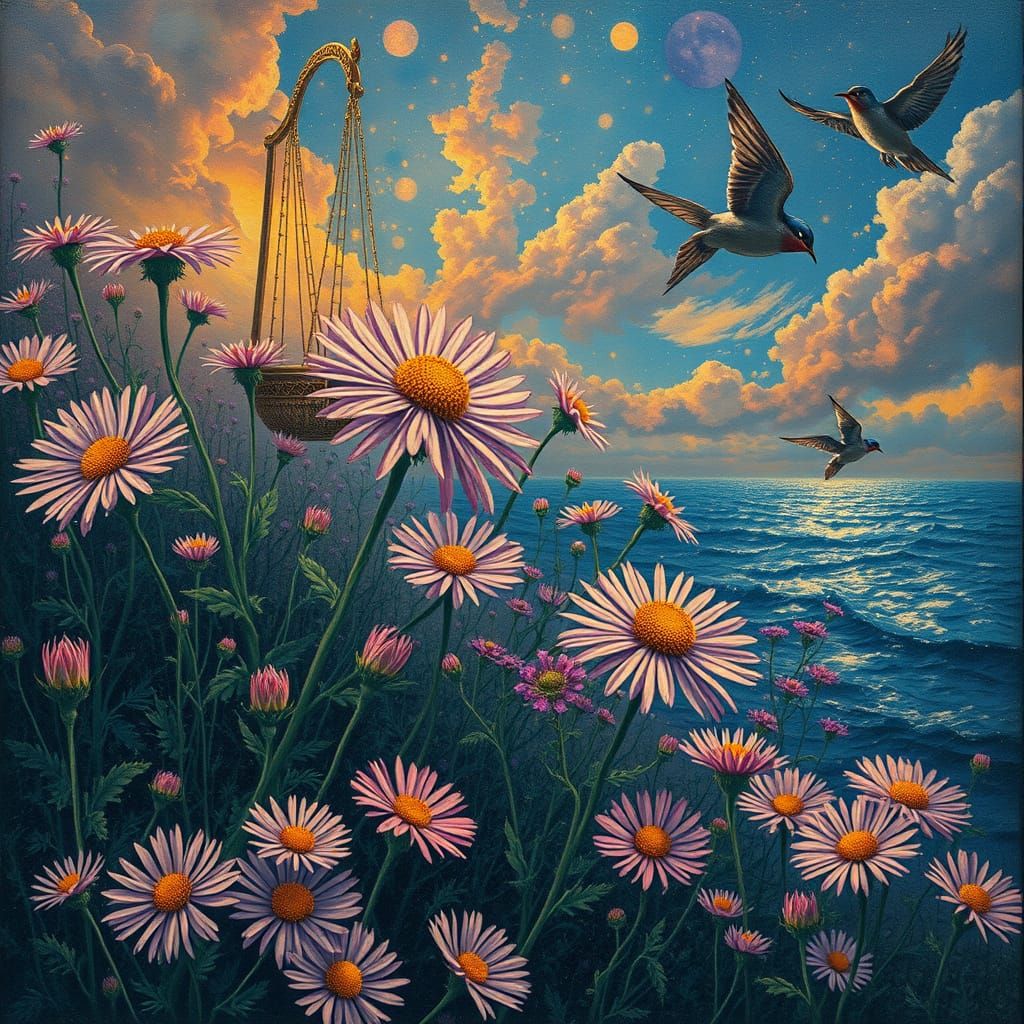 Golden Asters Under Noctilucent Skies in a Mysterious, Dream...