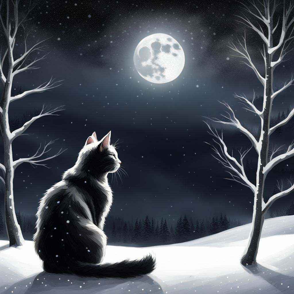 Cat Gazing at Moon on New Year's Eve