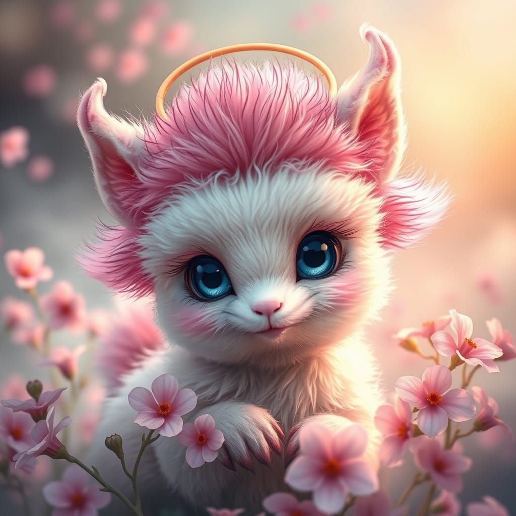 A whimsical, fantasy-styled image of a fluffy wee chimera cr...