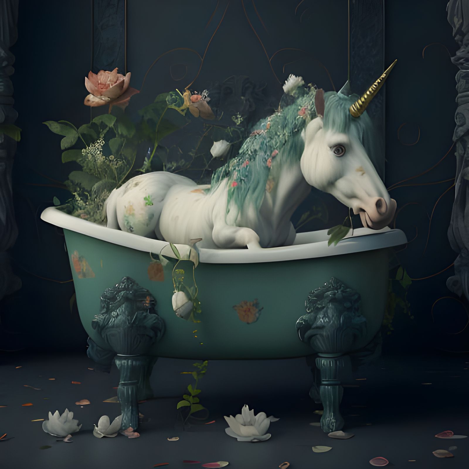 a white unicorn bathing in a clawfoot bathtub