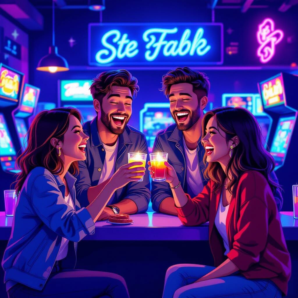 Friends Enjoying Shots at a Neon Bar in Animated Style