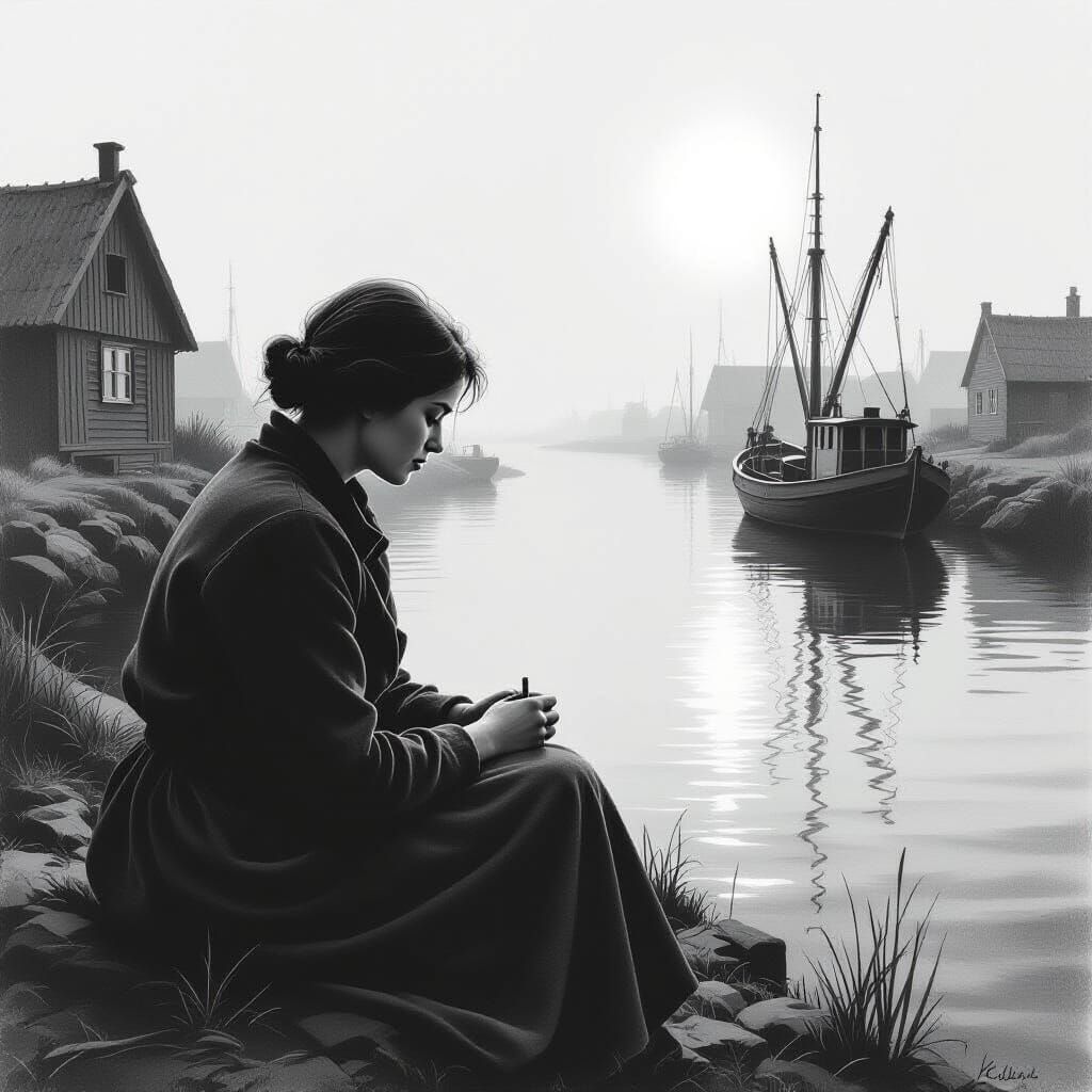 Melancholic Woman in Monochrome Pencil Drawing