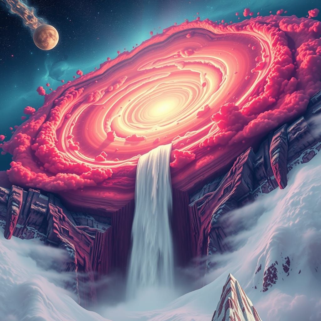 Cosmic Watermelon Galaxy Waterfall in Surreal Style
