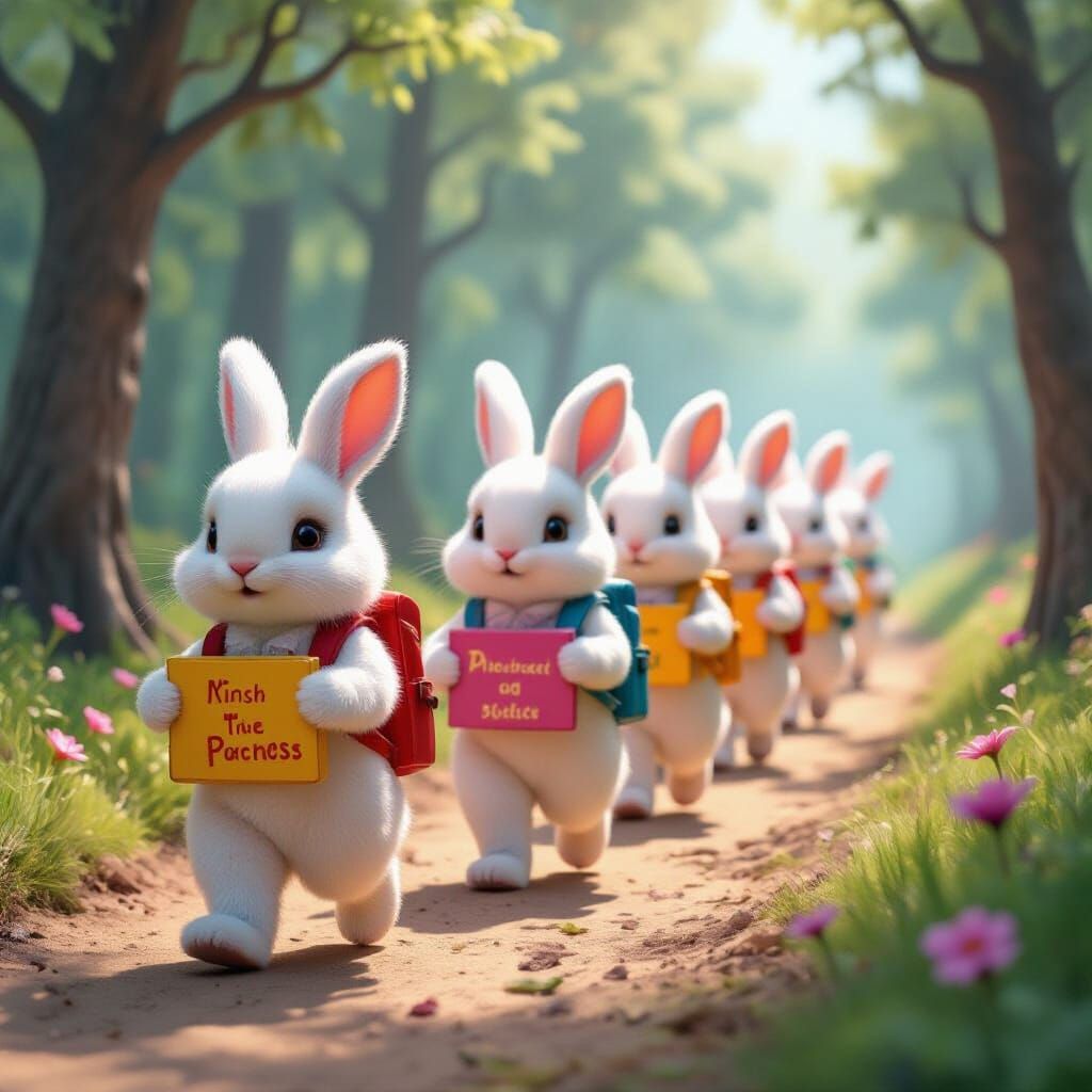 Several fluffy bunnies wearing backpacks and carrying colorf...