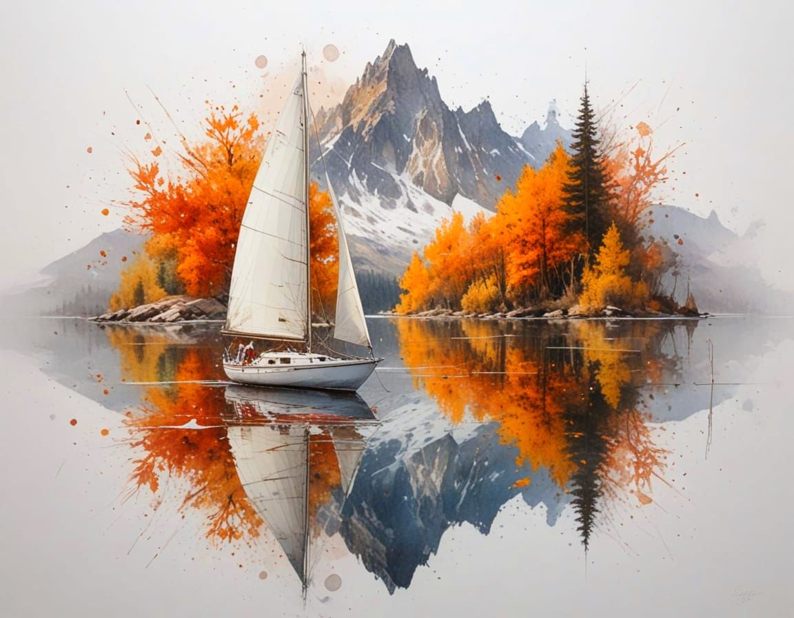 Golden Sailboat on Alpine Lake at Sunset