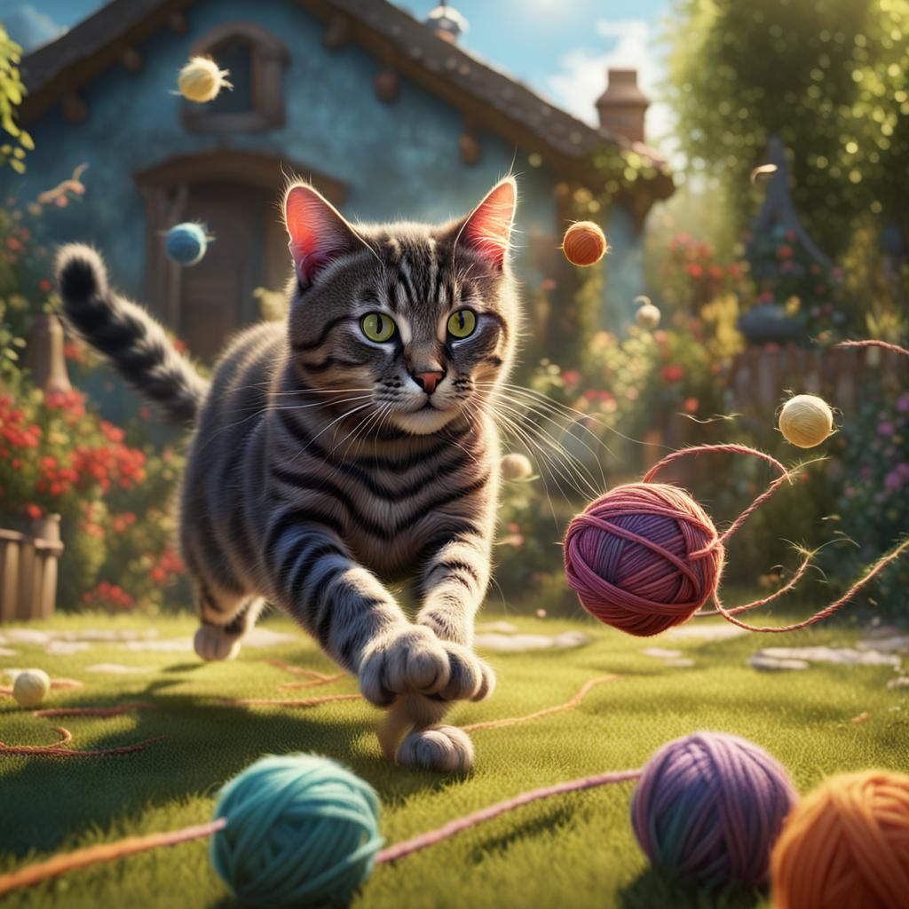 Playful Cat Chasing Yarn Ball in Sunny Garden