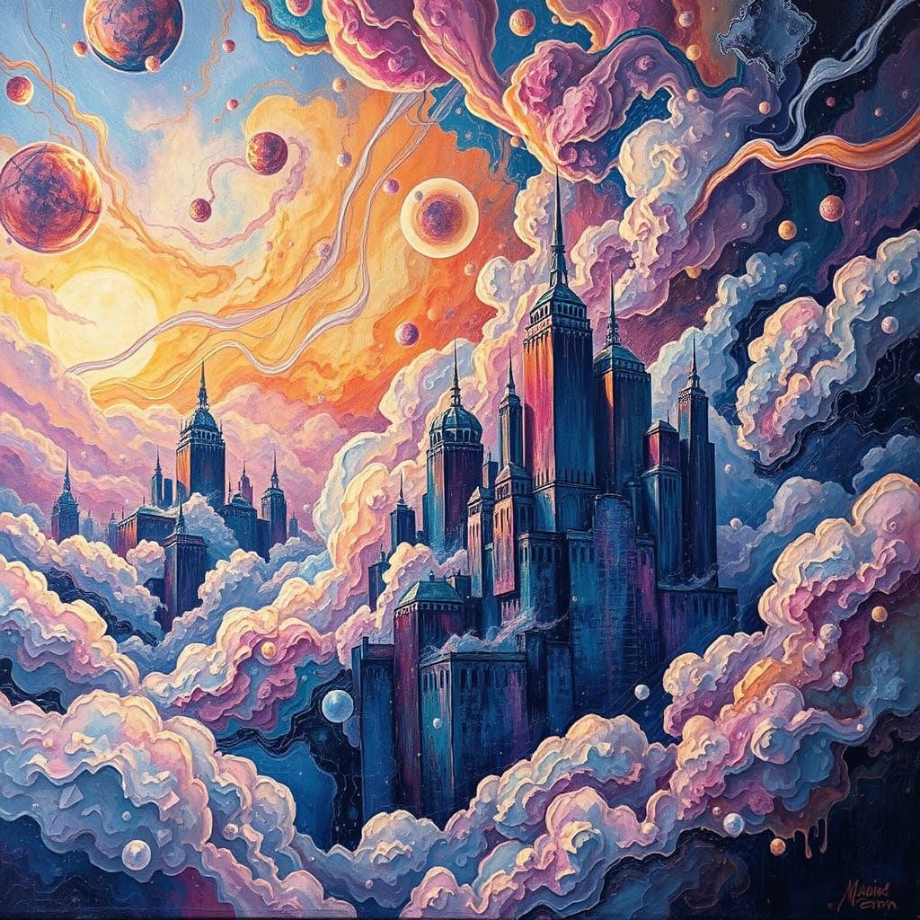 Surreal Cityscape in Abstract Expressionist Style