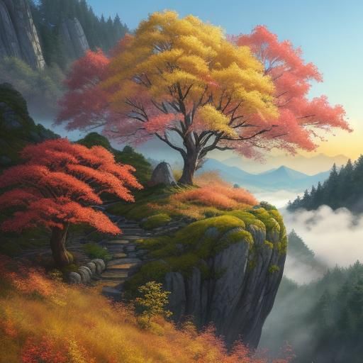 Golden Tree in Misty Mountains: Anime Watercolor Art