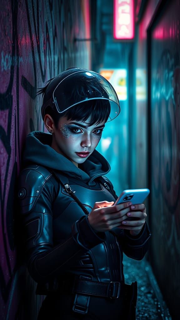 Cyberpunk Bounty Hunter in Rain-Soaked Alleyway