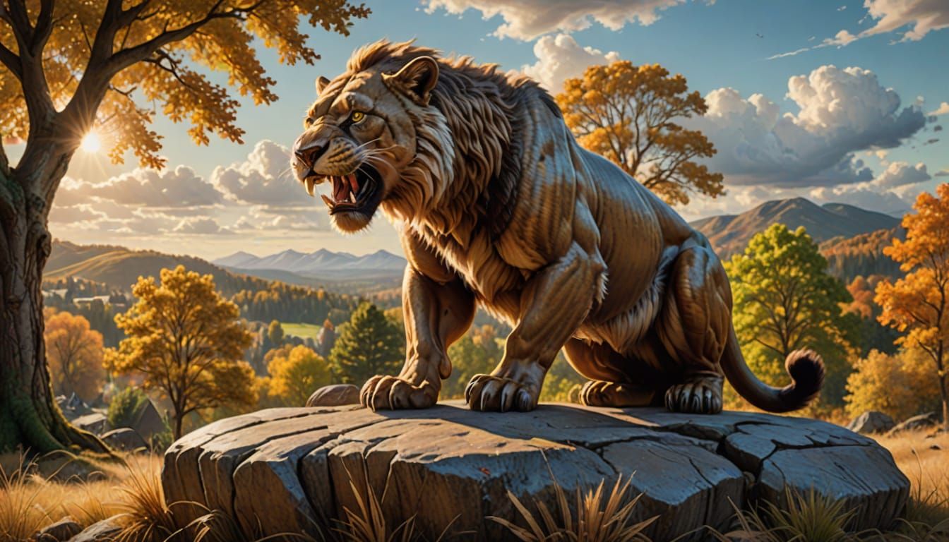 Saber-Toothed Tiger in Autumn Mountain Landscape