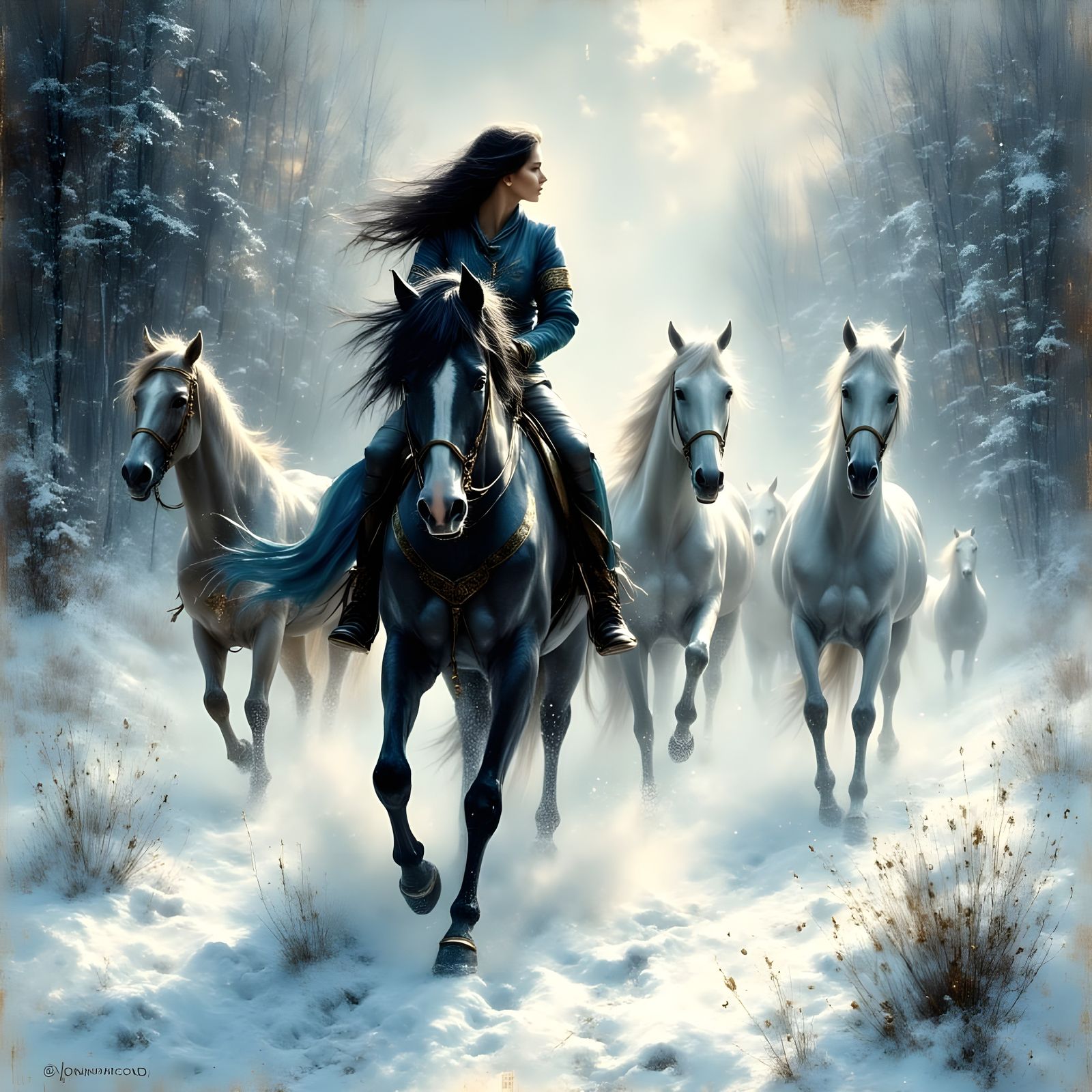 Woman Rides Horse Through Blizzard