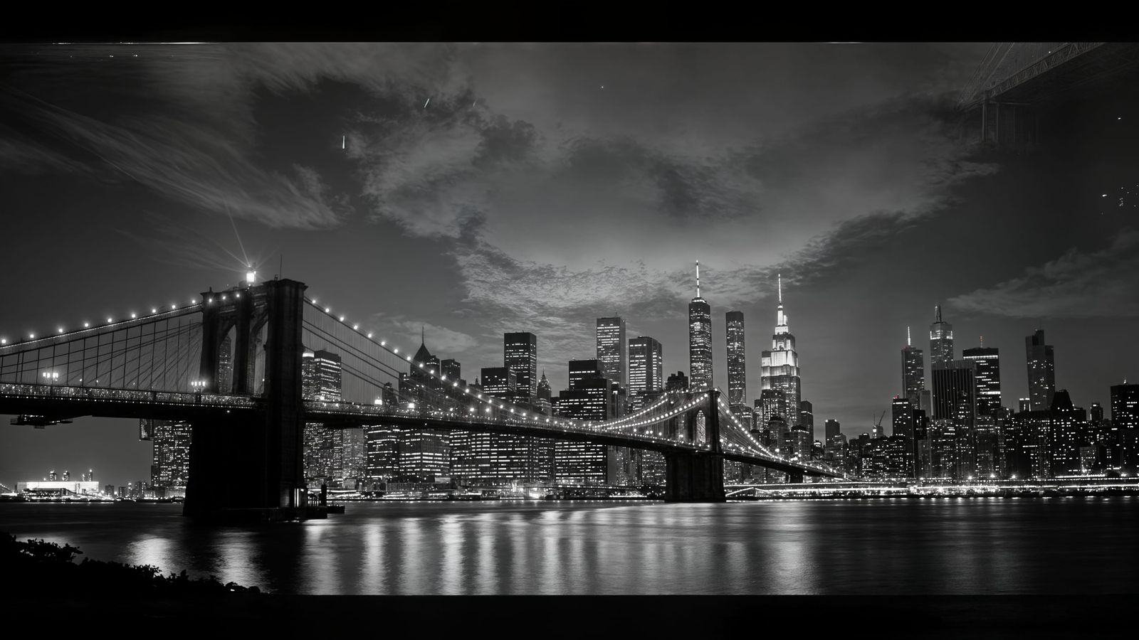 Dramatic Black and White NYC Skyline at Night