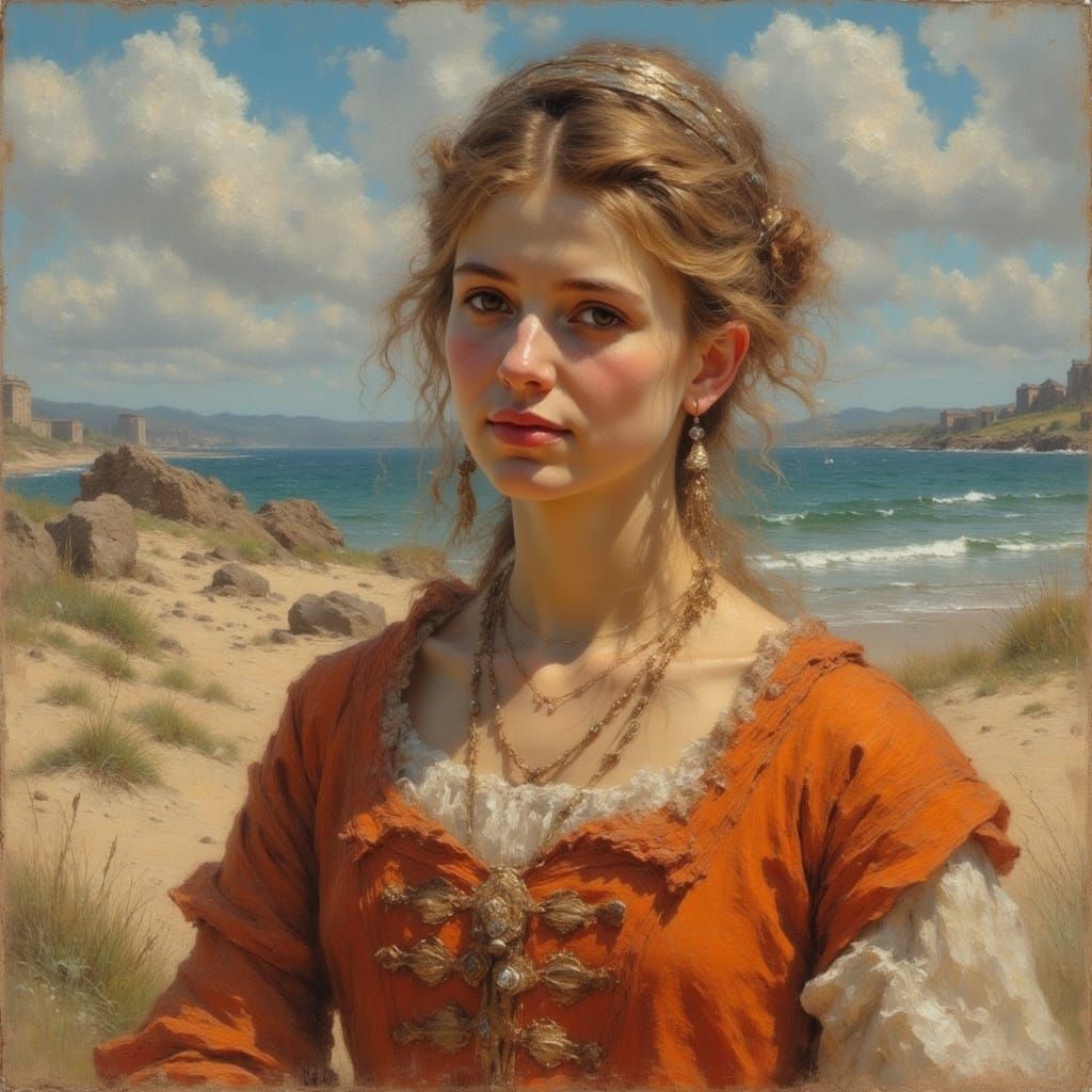 Young Woman on Sandy Beach in Rembrandt Style