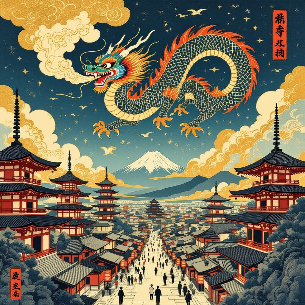 Ukiyo-e Dragon Over Edo City in Dadaist Style
