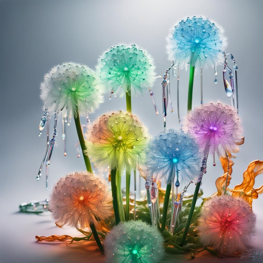 Neon Venom Crystals Adorn Dandelions in Digital Art