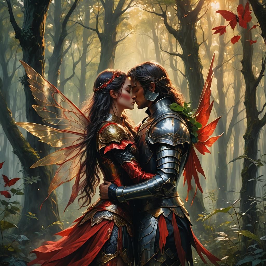 Knight and Fairy's Loving Kiss in Forest