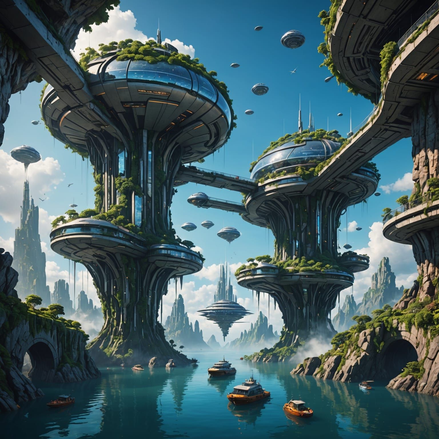 Floating Futuristic Islands Connected by Bridges