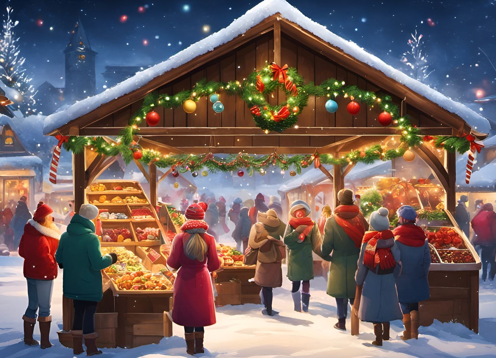 Christmas Farmer's Market with Snowflakes and Lights