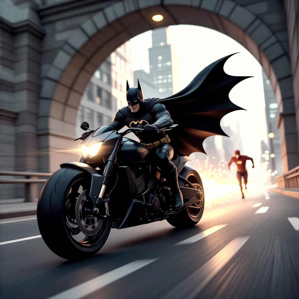 Batman and Flash Racing on Batcycle Through Gotham Aqueduct