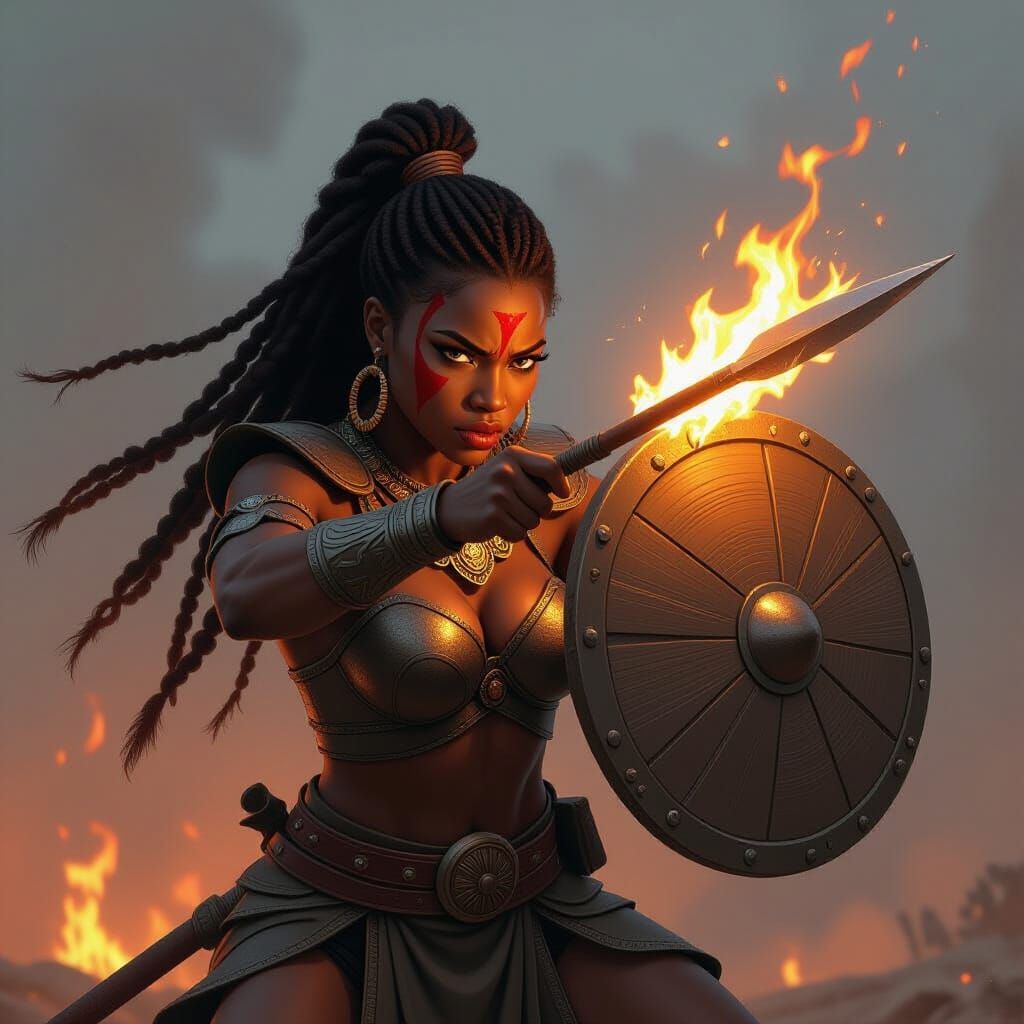 Fierce African Warrior Blocks Flaming Spear