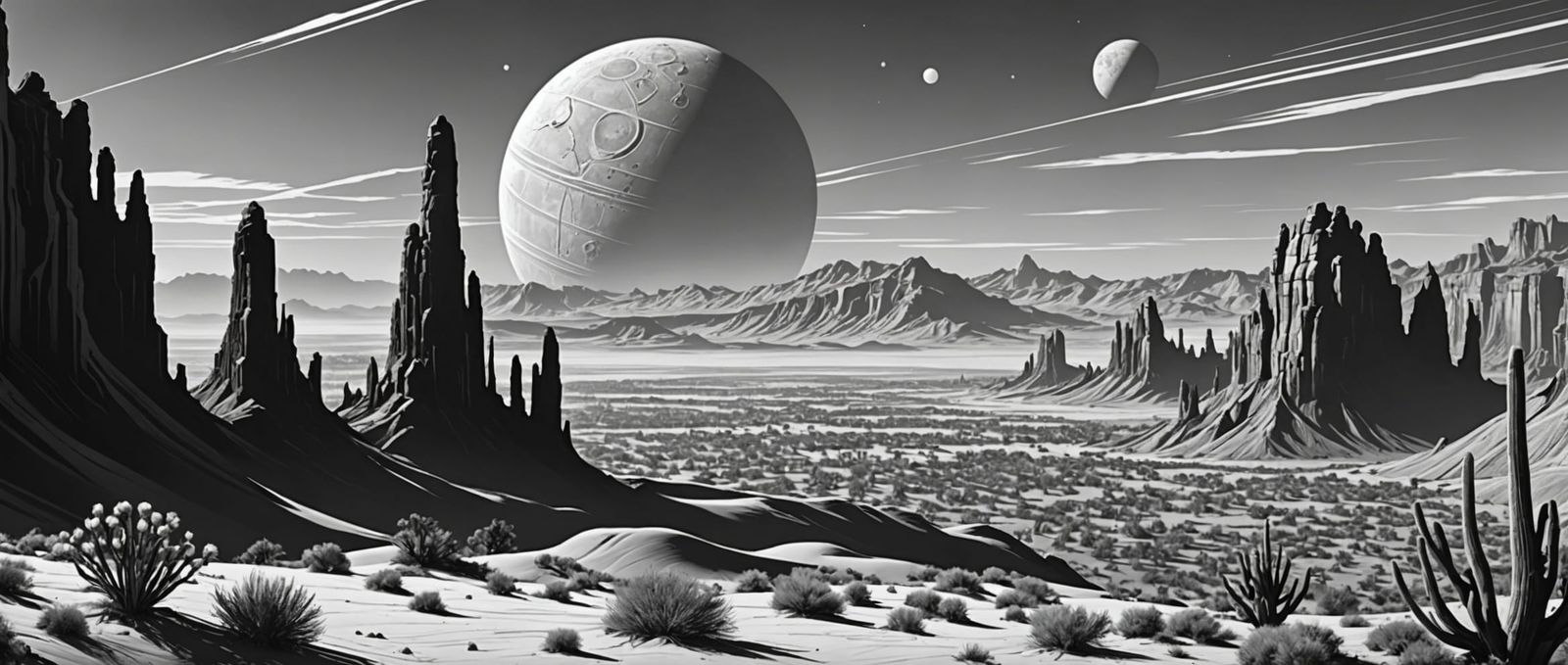 Golden Age Sci-Fi Desert Planet in Line Art