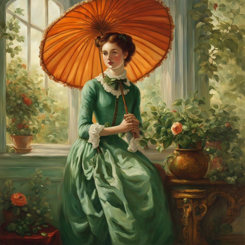 Elegant Woman in 19th Century Fashion by Garden Window