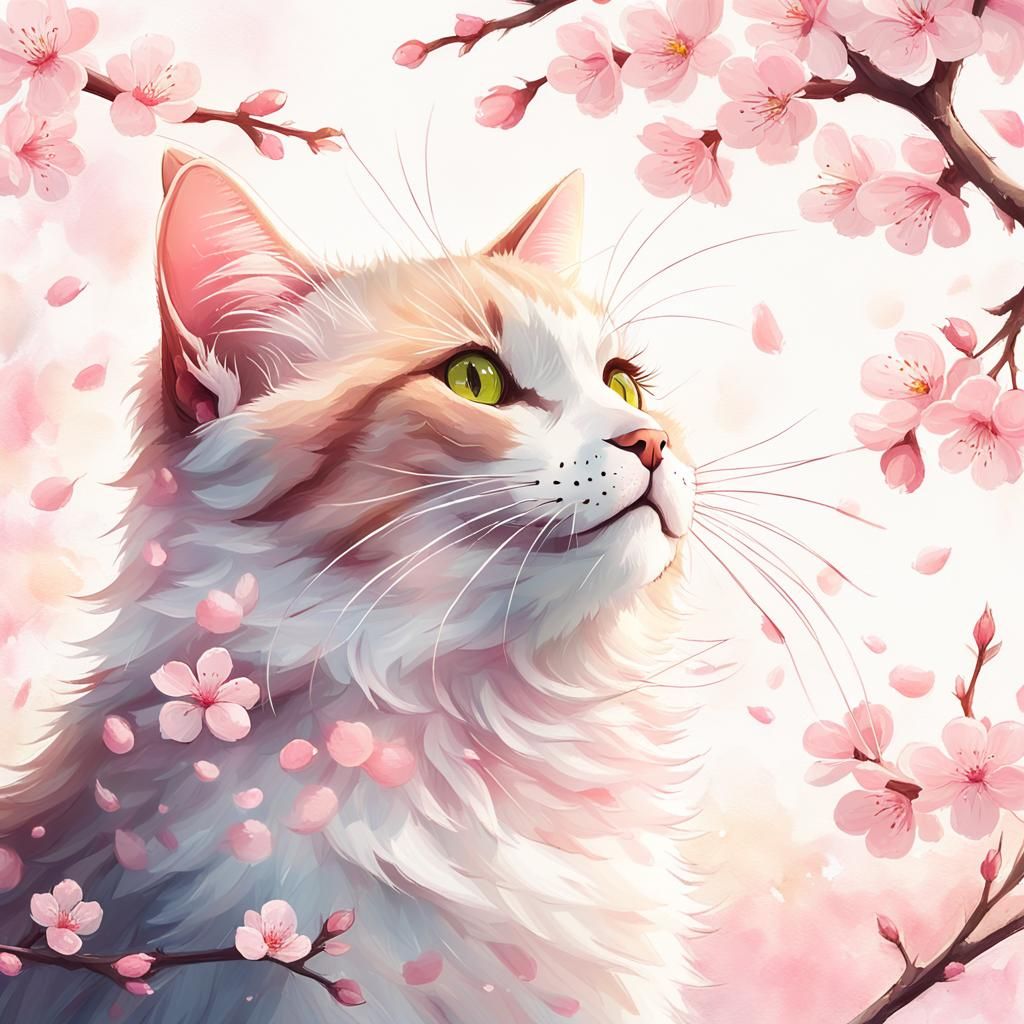 Cute Cat Playing Under Cherry Blossom Tree