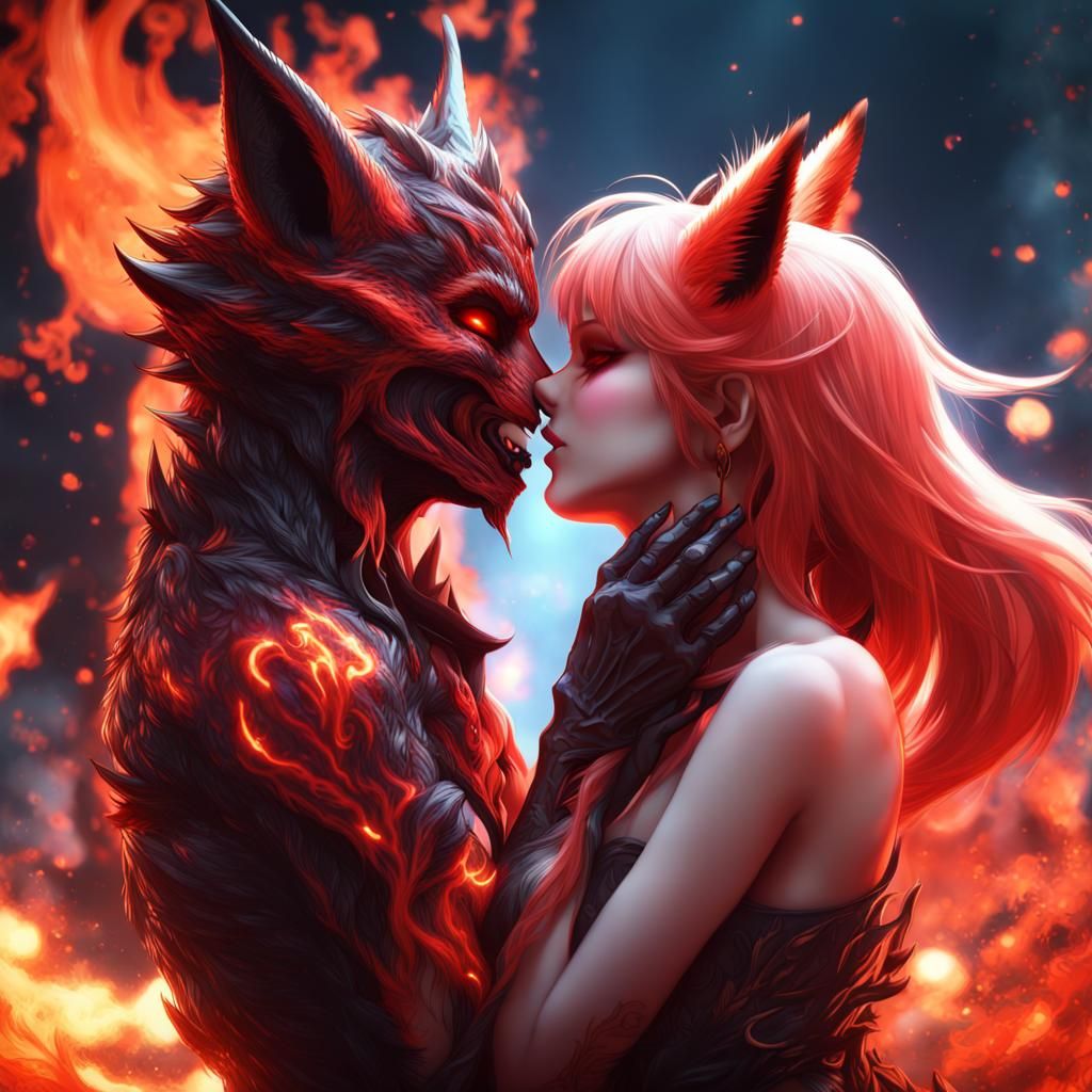 Anime Fox Demons Kissing: Detailed Digital Painting