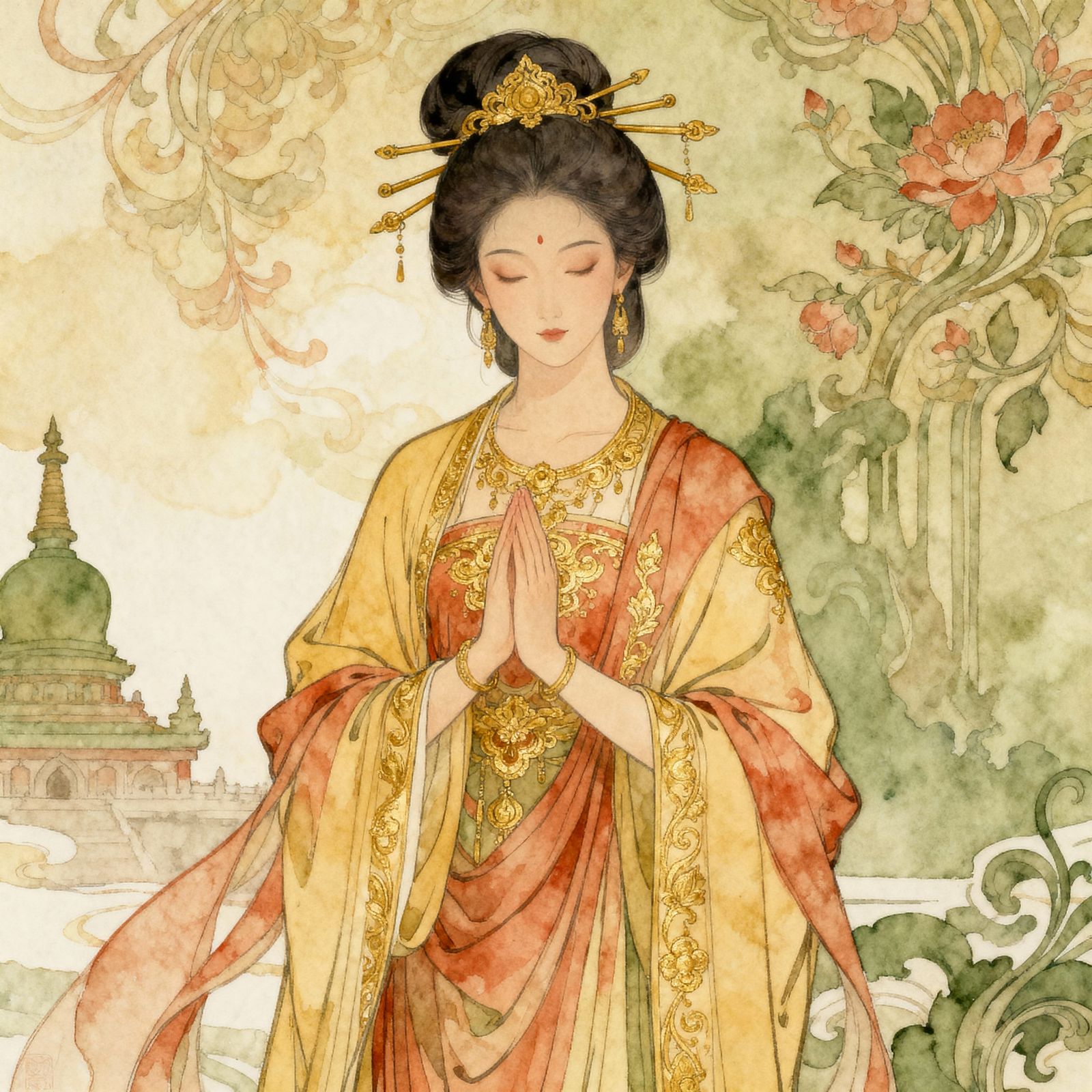 Temple Priestess Portrait in Elegant Robes