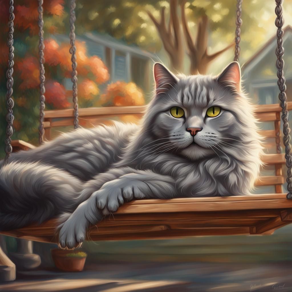 Hyperrealistic Gray Cat on Porch Swing