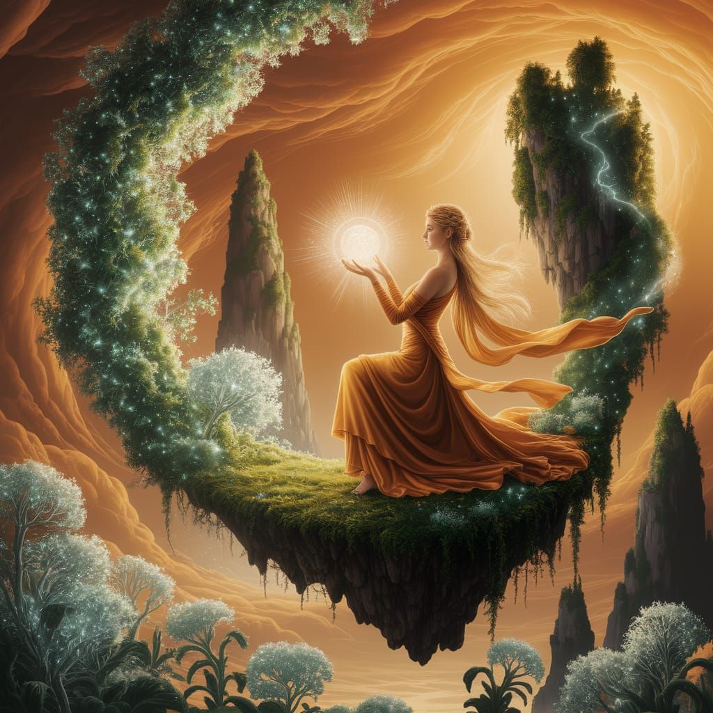 Art Nouveau Serene Woman with Glowing Orb on Floating Island