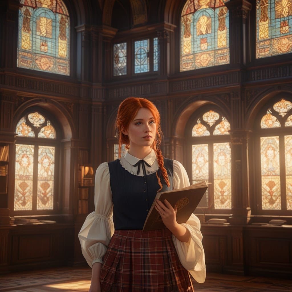Redhead Schoolgirl in Library, Alphonse Mucha Style