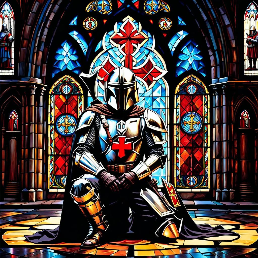 Knight Templar Kneeling Before Stained Glass