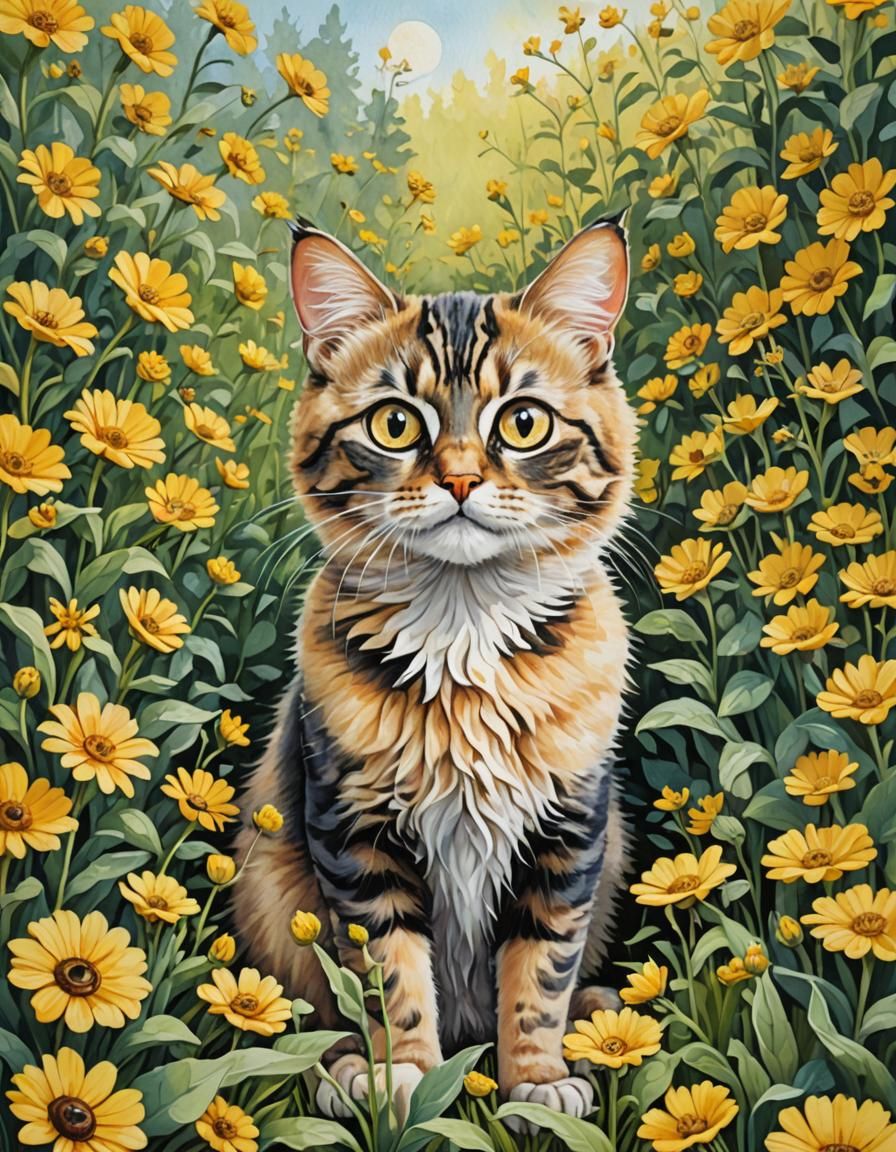 Funny Big-Eyed Cat in Yellow Flower Garden