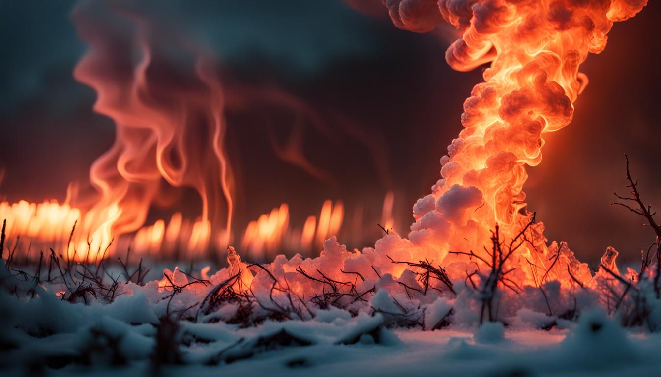 Ice Flames Fight Tornado in Hyperrealistic Surrealism