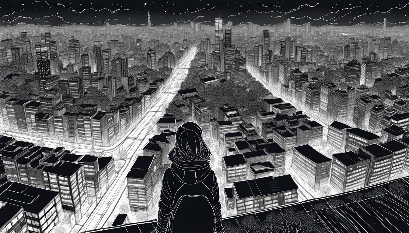 Girl Gazing at Tokyo in Detailed Line Art