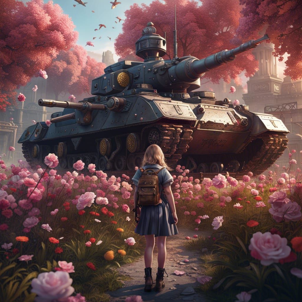 The barrel of the tank is ashamed and cannot look at the innocent because their gaze covers everything with flowers