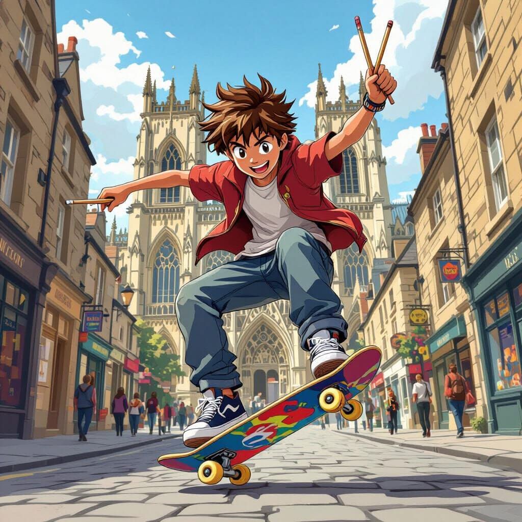 Boy Skateboarding in York UK, Pokemon Style