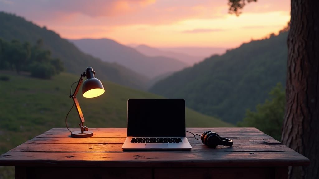 Picturesque Landscape With Desk and Laptop in 8K