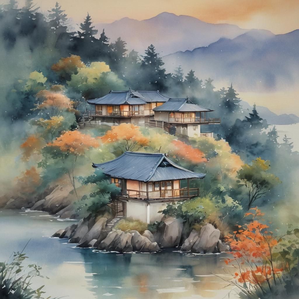 Asian House at Sunset in Impressionist Watercolor