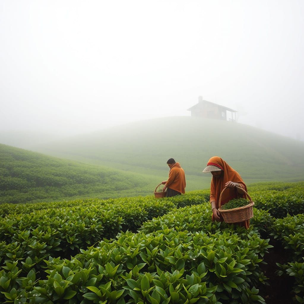 Winter Morning in the Sylhet Tea Gardens: Serene Landscape w...