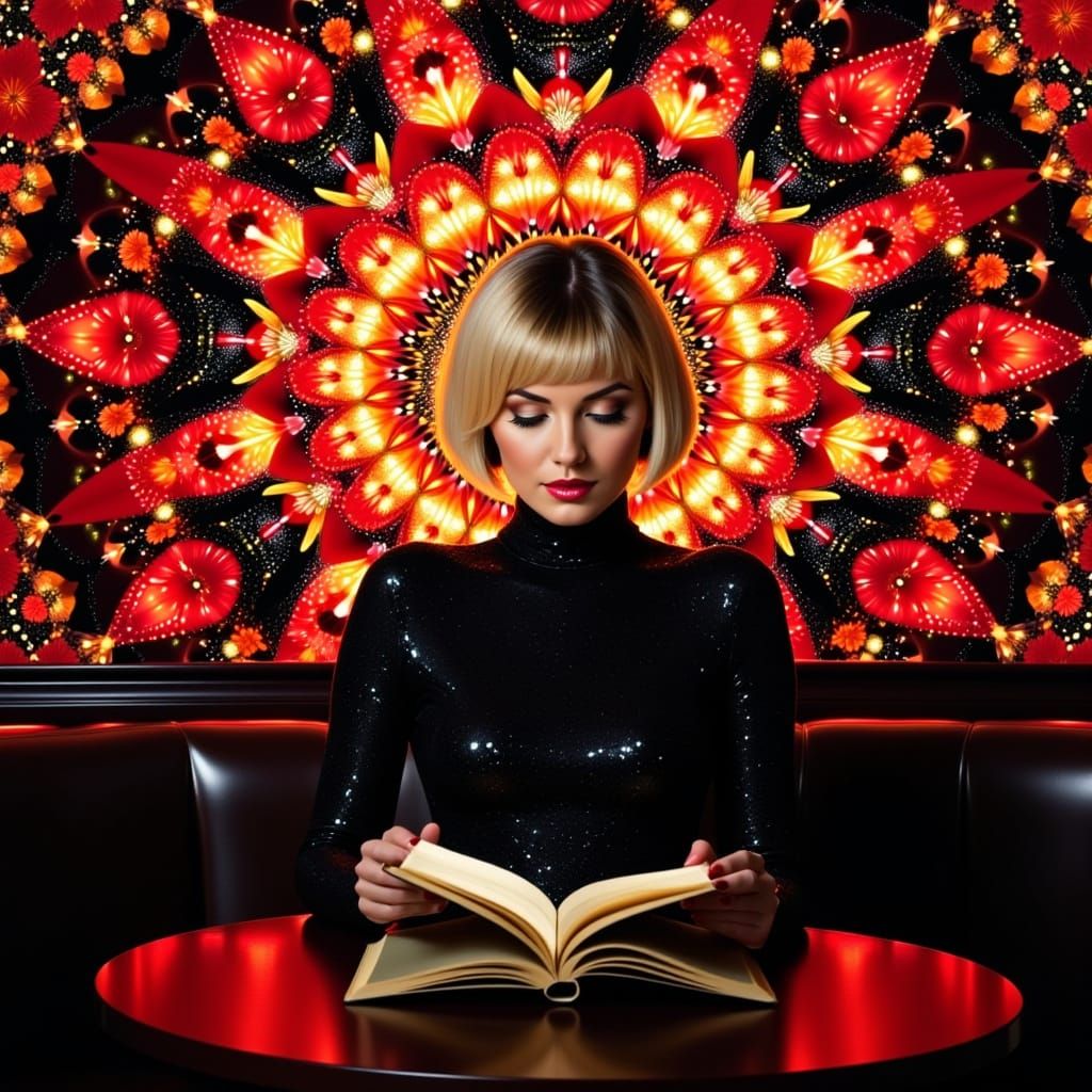 Woman Reading in Bar with Kaleidoscope Flower Background