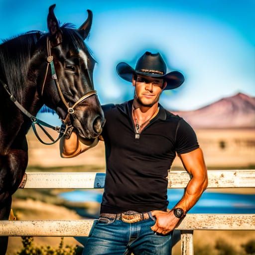 Cowboy with Horse in Stetson and Jeans